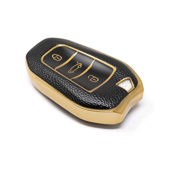 New Aftermarket Nano High Quality Gold Leather Cover For Peugeot Remote Key 3 Buttons Black Color PG-A13J | Emirates Keys