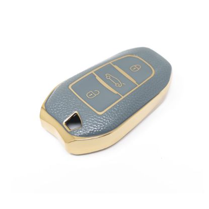 New Aftermarket Nano High Quality Gold Leather Cover For Peugeot Remote Key 3 Buttons Gray Color PG-A13J | Emirates Keys