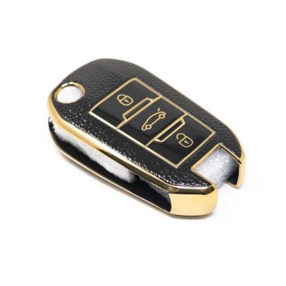 New Aftermarket Nano High Quality Gold Leather Cover For Peugeot Flip Remote Key 3 Buttons Black Color PG-C13J  | Emirates Keys