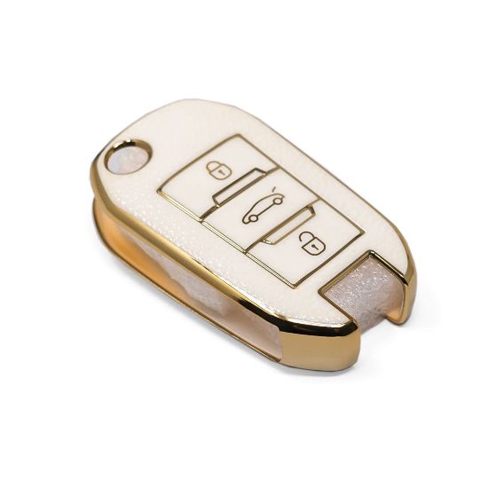 New Aftermarket Nano High Quality Gold Leather Cover For Peugeot Flip Remote Key 3 Buttons White Color PG-C13J  | Emirates Keys