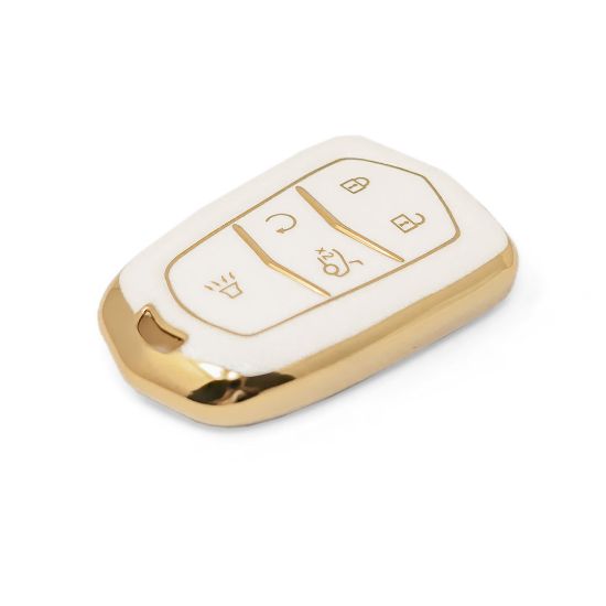 New Aftermarket Nano High Quality Gold Leather Cover For Cadillac Remote Key 5 Buttons White Color CDLC-A13J5 | Emirates Keys