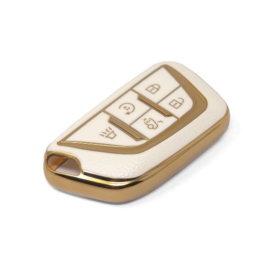 New Aftermarket Nano High Quality Gold Leather Cover For Cadillac Remote Key 5 Buttons White Color CDLC-B13J | Emirates Keys