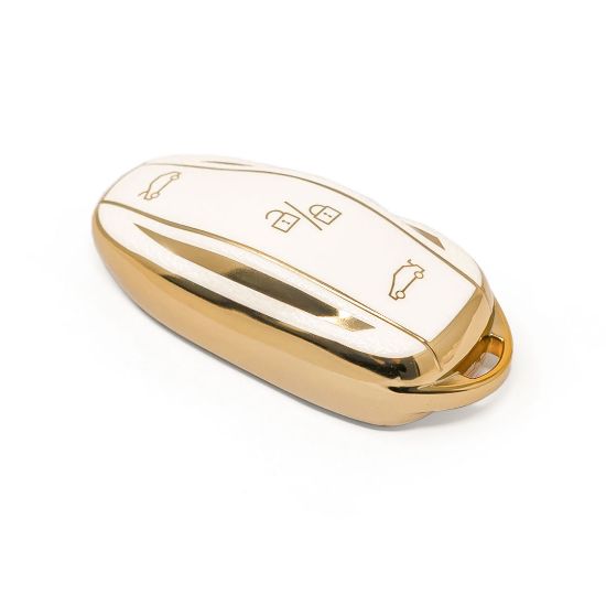 New Aftermarket Nano High Quality Gold Leather Cover For Tesla Remote Key 3 Buttons White Color TSL-C13J | Emirates Keys